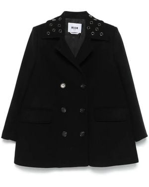 MSGM Eyelet-Detail Double-Breasted Wool-Blend Coat - Black