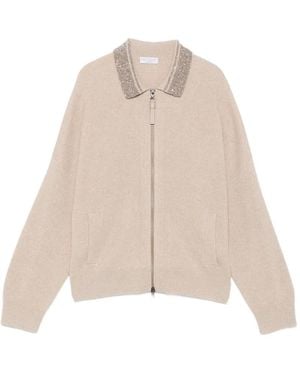 Brunello Cucinelli Collar-Embellished Zip-Up Cardigan - Natural