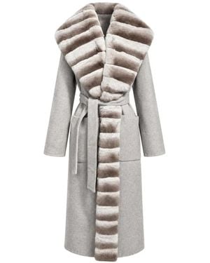 Poche Paris Manteau Ceinturé À Bordure En Fourrure Artificielle - White