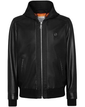Philipp Plein Leather And Satin Hooded Bomber Jacket - Black