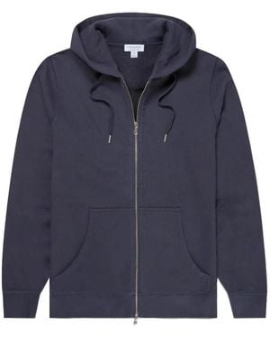 Sunspel Loopback Zip-Up Drawstring Hoodie - Blue