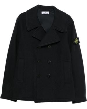 Stone Island Double-Breasted Logo-Patch Coat - Black