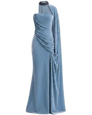 Gemy Maalouf Beaded-Collar Draped Dress - Blue