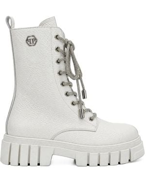 Philipp Plein Leather Boots Deer-Print Laces Strass - White