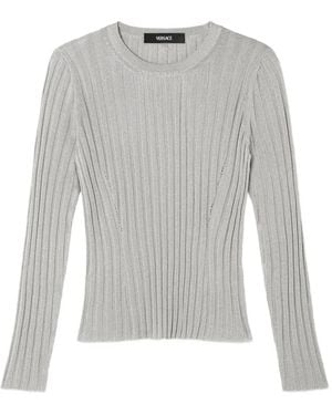Versace Ribbed Knit Viscose-Blend Crewneck Top - Gray