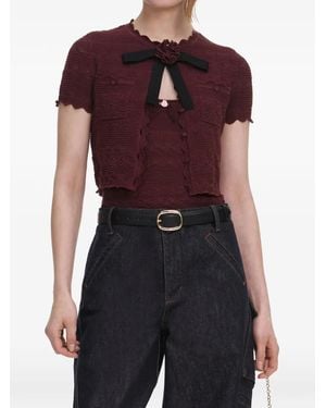 Self-Portrait Bow-Detail Pointelle-Knit Cardigan - Purple