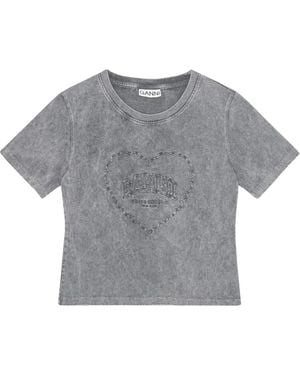 Ganni Logo-Embroidered T-Shirt - Gray