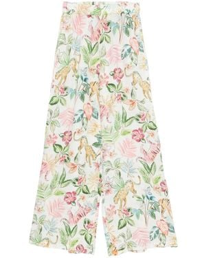 120% Lino Floral Animal Print Trousers - White