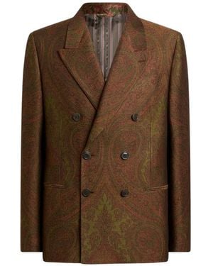 Etro Double-Breasted Wool-Blend Jacquard Jacket With Paisley Motif - Brown
