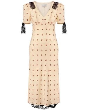 POST MERIDIEM Lace-Trim Floral-Print Midi Dress - Natural