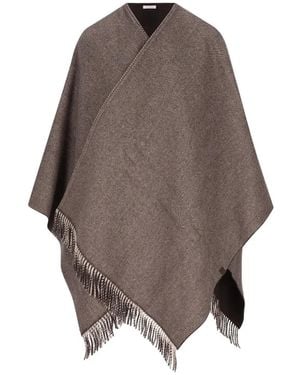 Brunello Cucinelli Herringbone Fringe-Trim Poncho - Brown