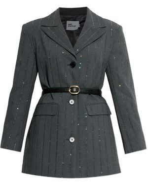 Self-Portrait Rhinestone-Embellished Belted Blazer - Grey