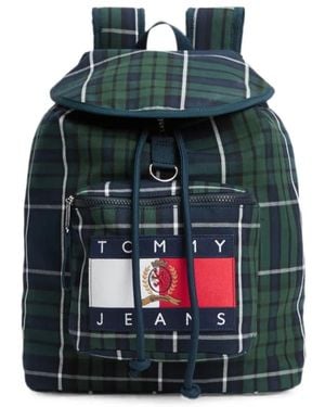 Tommy Hilfiger Check-Pattern Logo-Patch Backpack - Blue