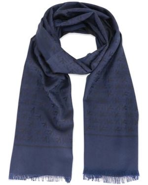Isaia Monogram-Print Frayed Scarf - Blue