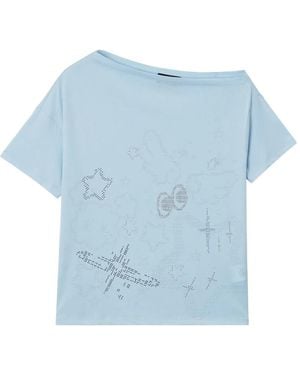 Mini Cream Rhinestone-Embellished Asymmetric-Neck Cotton T-Shirt - Blue