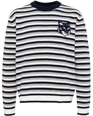 Maison Kitsuné Fox Head Intarsia Striped Wool Jumper - Blue