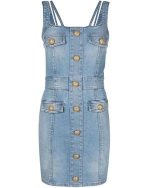Balmain Button-embossed Strapped Denim Short Dress - Blue