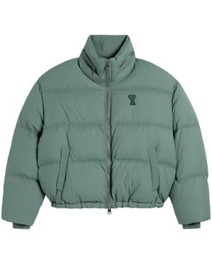 Ami Paris Cropped Puffer Jacket With High Stand Collar - Green
