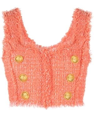 Balmain Haut Crop En Tweed À Boutonnière - Orange