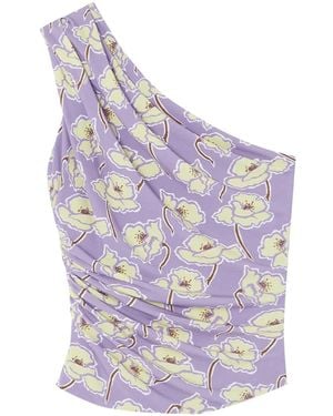 Versace Haut Froncé Poppies À Une Épaule - Violet