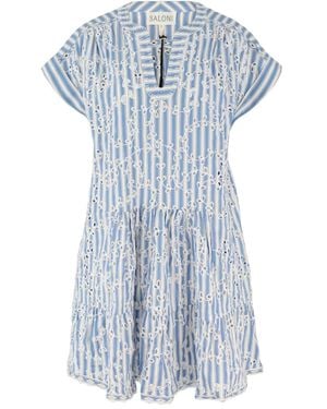 Saloni Gestreepte Jurk Met Borduurwerk - Blauw