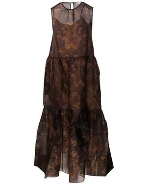 Into The East Damask-Print Tiered Midi Dress - Brown
