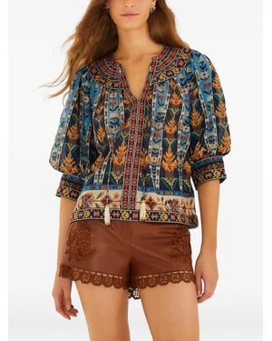 FARM Rio Embroidered Tapestry Short Sleeve Blouse - Blue