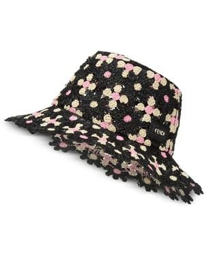 Fendi Crochet-Knit Floral-Pattern Bucket Hat - Black