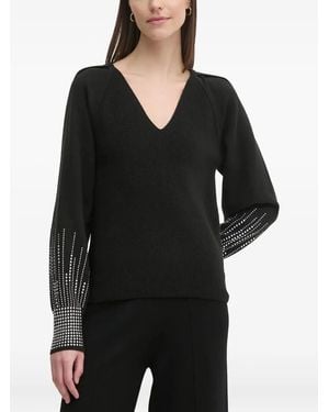 DKNY Stud-Embellished V-Neck Sweater - Black