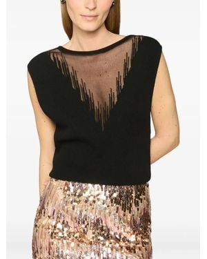 Genny Sheer-Panel Ribbed Top - Black