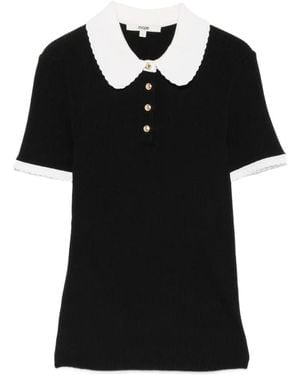 Maje Contrast-Collar Ribbed Polo Top - Black