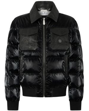 Philipp Plein Croc-Effect Insert Puffer Jacket - Black