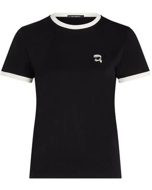 KARL LAGERFELD Ikon Contrasting-Trim Petite T-Shirt - Black
