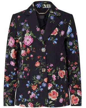 Liu Jo Floral-Print Hammered-Button Blazer - Blue
