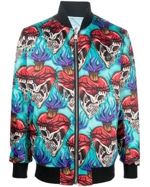 Philipp Plein Tattoo-Motif Embroidered Bomber Jacket - Blue