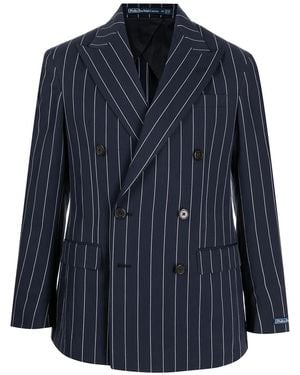 Polo Ralph Lauren Double-breasted Pinstriped Cotton And Silk-blend Blazer - Blue