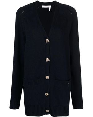 Chloé V-Neck Fine-Knit Cardigan - Blue
