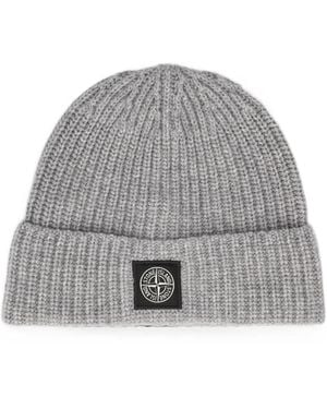 Stone Island Logo-Patch Ribbed-Knit Beanie Hat - Grey