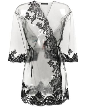 Carine Gilson Sheer Lace-Detail Silk Tulle Robe - Gray
