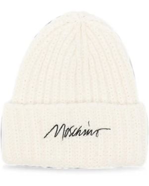 Moschino Logo-Embroidered Ribbed Beanie Hat - White