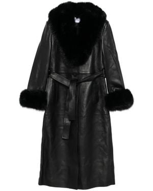Self-Portrait Faux Fur-Collared Belted Coat - Black