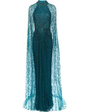 Jenny Packham Cairo Sequined Caped Gown - Blue