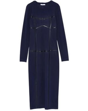 Patrizia Pepe Long-Sleeved Leather-Trimmed Sheath Dress - Blue