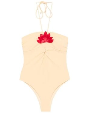 FARM Rio Bañador Con Cuello Halter Y Aplique Floral - Rosa
