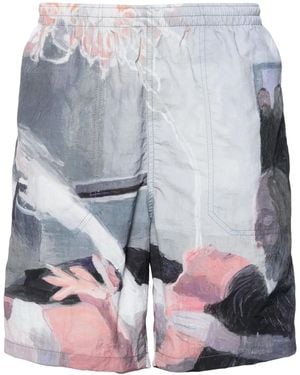 Undercover Paint-Print Crinkled Track Shorts - Grey