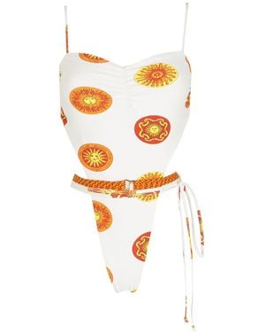 Amir Slama Print Sol High-Leg Swimsuit - White
