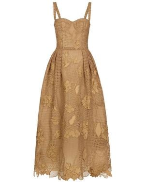 Oscar de la Renta Flower-Appliqué Sleeveless Midi Dress - Natural