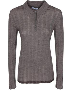 Prada Ribbed-Knit Polo Shirt - Grey