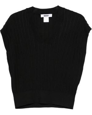 DKNY Ribbed-Knit V-Neck Top - Black