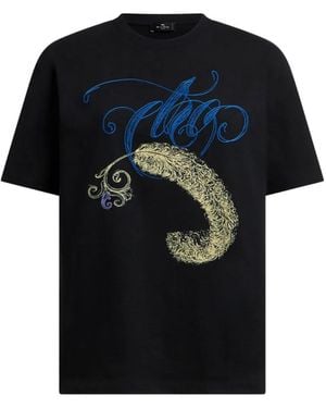 Etro Cotton T-Shirt With Logo Embroidery And Feather Print - Black